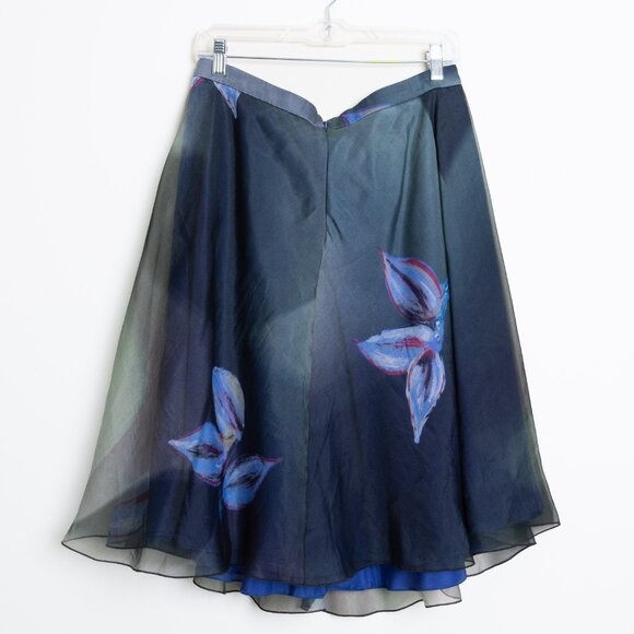 Silk Midi Skirt Floral A-lined Lined Blue Ombre - Picture 3 of 13